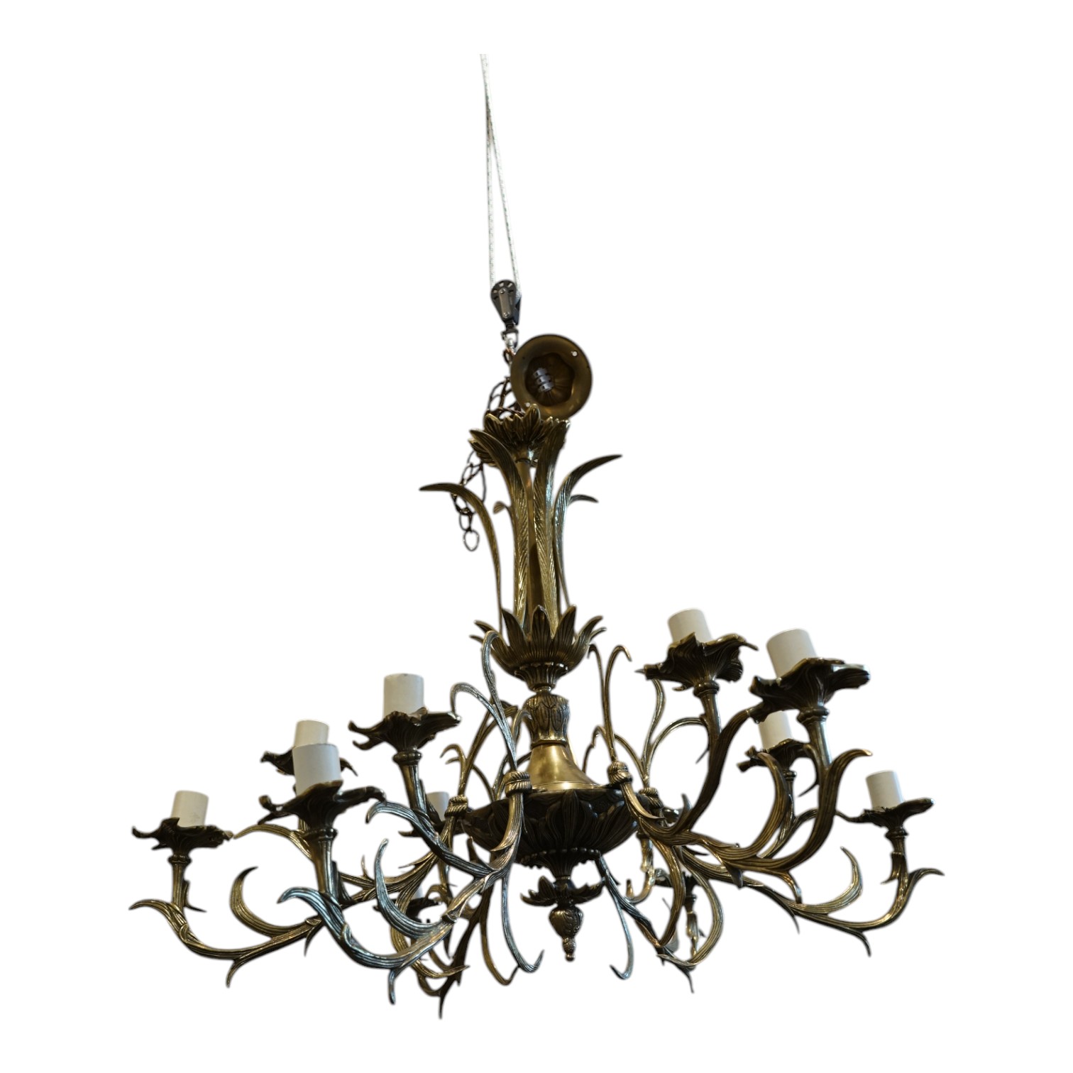 A large ornate brass six branch twelve light chandelier, 74cm high x 88cm wide. Condition - good